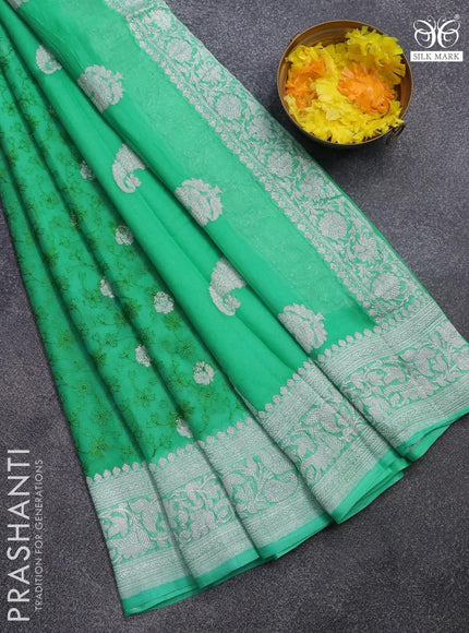 Banarasi chiffon saree teal green with allover chikankari work and silver zari woven border - {{ collection.title }} by Prashanti Sarees