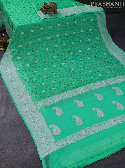 Banarasi chiffon saree teal green with allover chikankari work and silver zari woven border - {{ collection.title }} by Prashanti Sarees