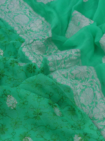 Banarasi chiffon saree teal green with allover chikankari work and silver zari woven border - {{ collection.title }} by Prashanti Sarees