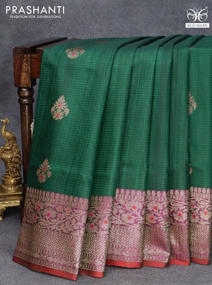 Banarasi handloom dupion saree green and red with thread & zari woven floral buttas and woven border - {{ collection.title }} by Prashanti Sarees