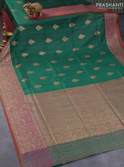 Banarasi handloom dupion saree green and red with thread & zari woven floral buttas and woven border - {{ collection.title }} by Prashanti Sarees