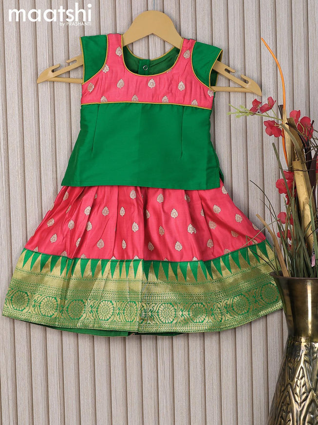 Banarasi kids lehanga green and pink shade with patch work neck pattern and allover zari buttas & temple design zari woven border for 0-6 months - {{ collection.title }} by Prashanti Sarees