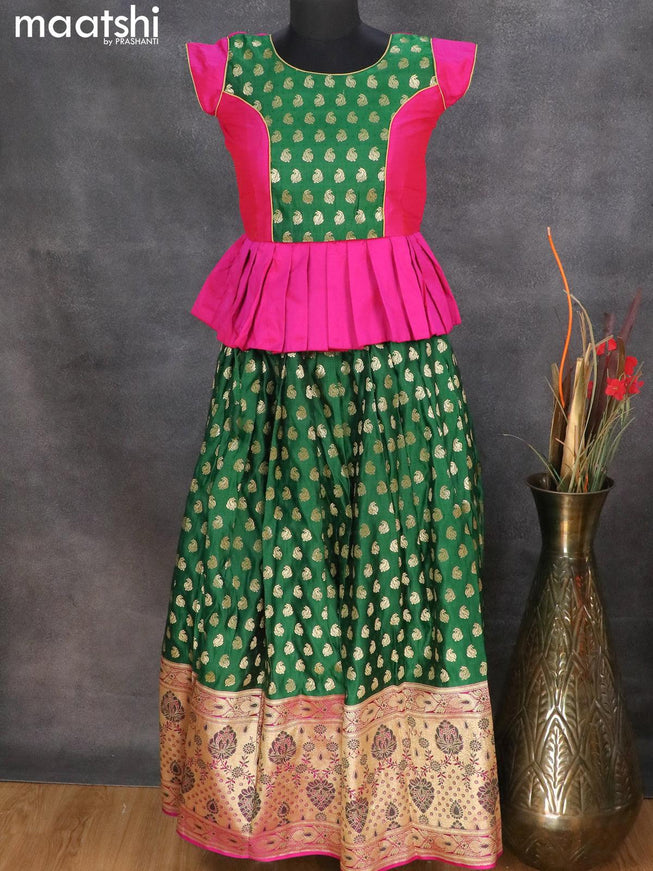 Banarasi kids lehanga green and pink with patch work neck pattern and allover self emboss zari buttas & long zari woven border for 12 years - {{ collection.title }} by Prashanti Sarees