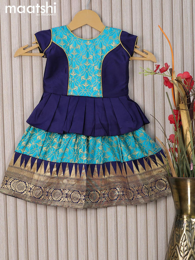 Banarasi kids lehanga navy blue and light blue with patch work neck pattern and allover zari weaves & temple design zari woven border for 0-6 months - {{ collection.title }} by Prashanti Sarees