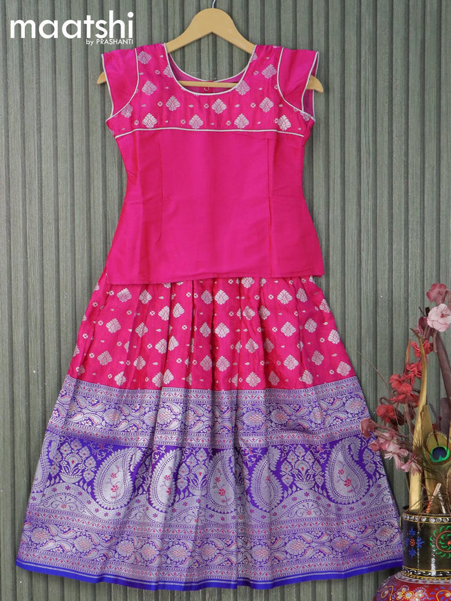 Banarasi kids lehanga pink and blue with patch work neck pattern and allover self emboss zari buttas & long silver zari woven border for 8 years - {{ collection.title }} by Prashanti Sarees