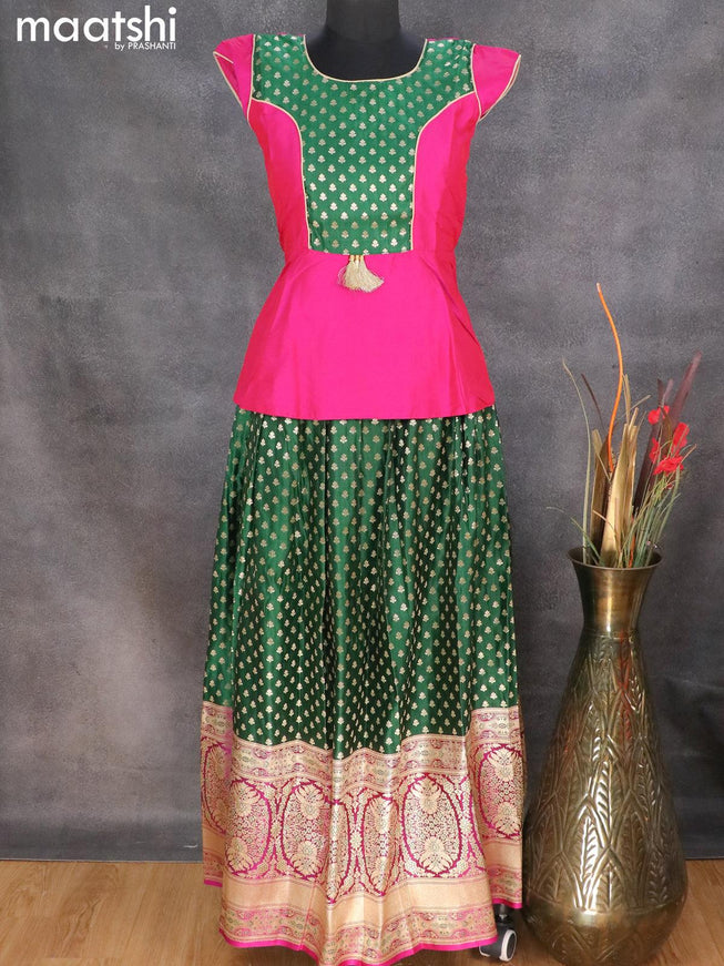 Banarasi kids lehanga pink and dark green with patch work neck pattern and allover zari buttas & long zari woven border for 13 years - {{ collection.title }} by Prashanti Sarees