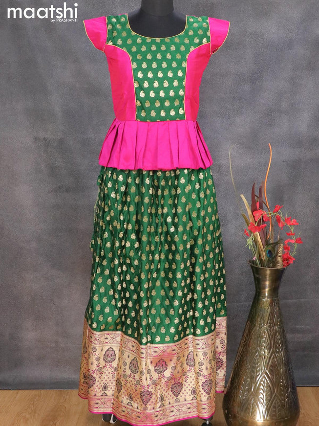 Banarasi kids lehanga pink and dark green with patch work neck pattern and allover zari buttas & long zari woven border for 14 years - {{ collection.title }} by Prashanti Sarees