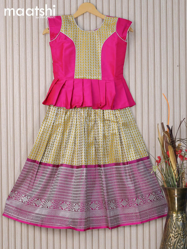 Banarasi kids lehanga pink and lime yellow with patch work neck pattern and allover silver zari weaves & long silver zari woven border for 7 years - {{ collection.title }} by Prashanti Sarees