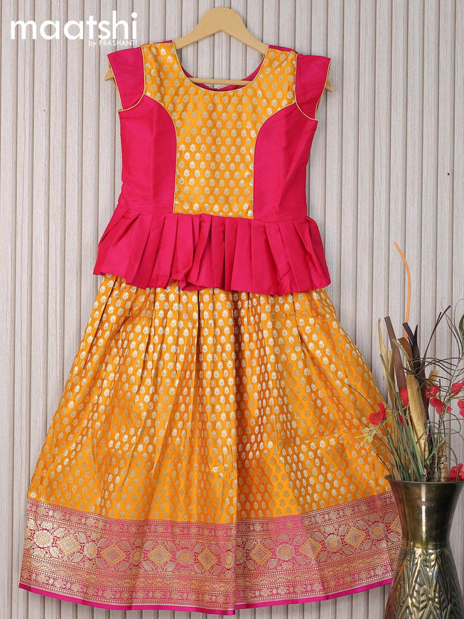 Banarasi kids lehanga pink and yellow with patch work neck pattern and allover zari buttas & zari woven border for 8 years - {{ collection.title }} by Prashanti Sarees