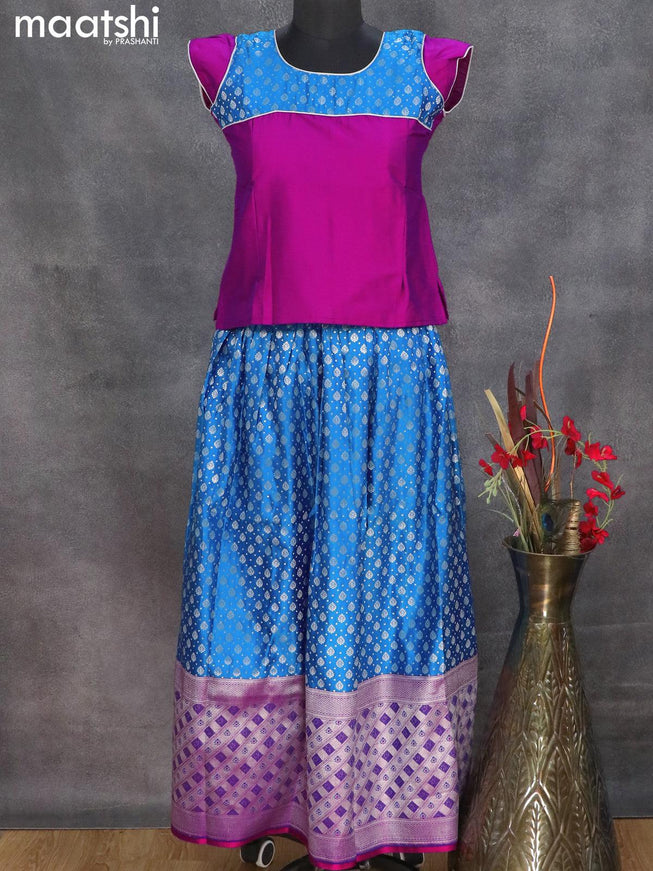 Banarasi kids lehanga purple and cs blue with patch work neck pattern and allover silver zari buttas & long silver zari woven border for 12 years - {{ collection.title }} by Prashanti Sarees