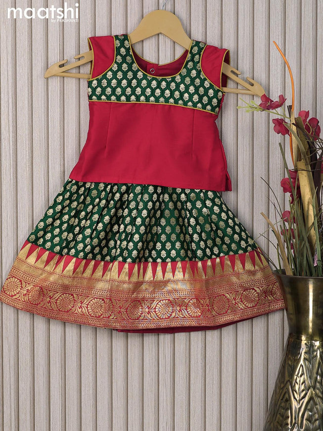 Banarasi kids lehanga red and green with patch work neck pattern and allover zari buttas & temple design zari woven border for 0-6 months - {{ collection.title }} by Prashanti Sarees