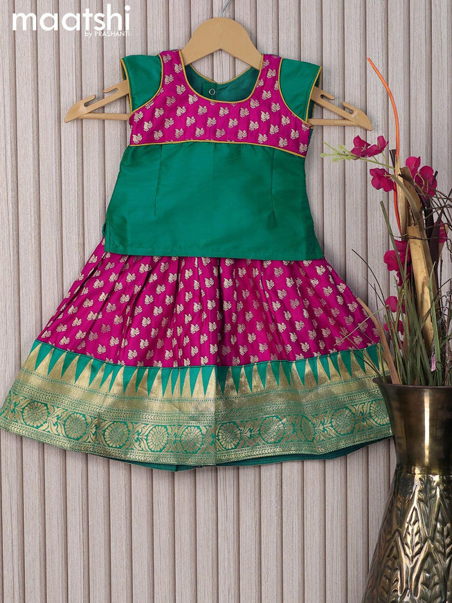 Banarasi kids lehanga teal green and pink with patch work neck pattern and allover zari buttas & temple design zari woven border for 0-6 months - {{ collection.title }} by Prashanti Sarees