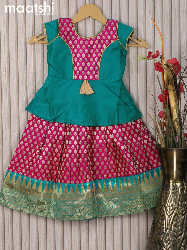 Banarasi kids lehanga teal green and pink with patch work neck pattern and allover zari buttas & temple design zari woven border for 2 years - {{ collection.title }} by Prashanti Sarees