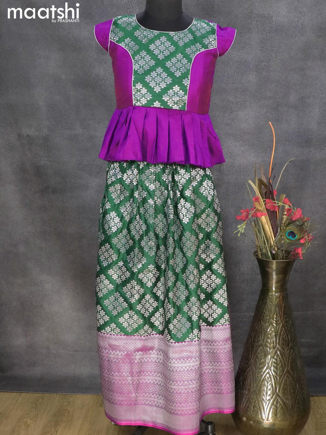 Banarasi kids lehanga urple and bottle green with patch work neck pattern and allover silver zari buttas & long zari border for 11 years - {{ collection.title }} by Prashanti Sarees