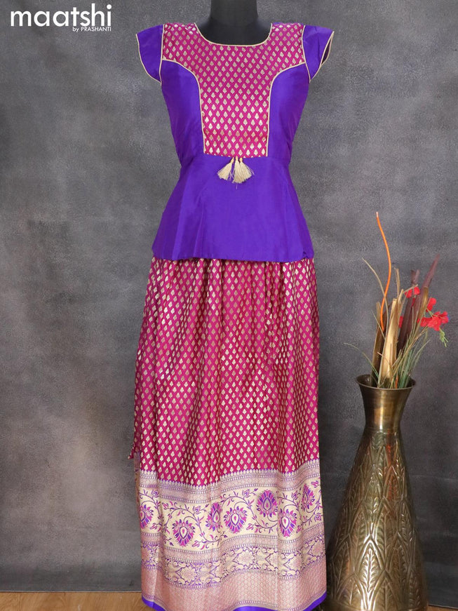 Banarasi kids lehanga violet and dark purple with patch work neck pattern and allover zari buttas & long zari woven border for 13 years - {{ collection.title }} by Prashanti Sarees