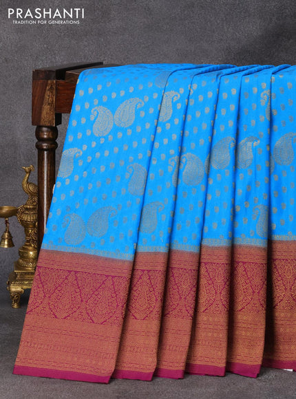 Banarasi semi crepe silk saree cs blue and purple with allover zari woven paisley butta weaves and long zari woven border - {{ collection.title }} by Prashanti Sarees