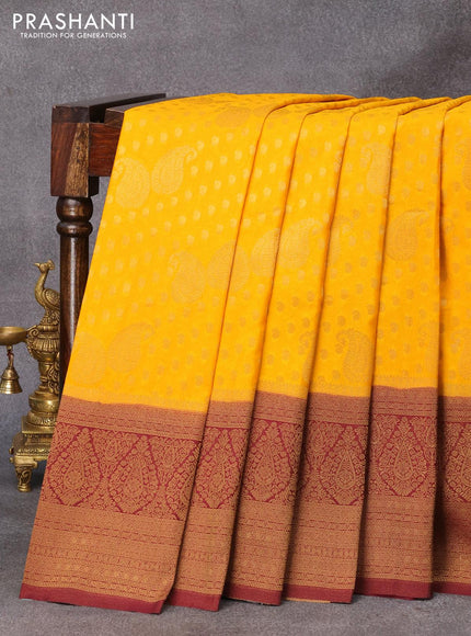 Banarasi semi crepe silk saree mango yellow and wine shade with allover zari woven paisley butta weaves and long zari woven border - {{ collection.title }} by Prashanti Sarees