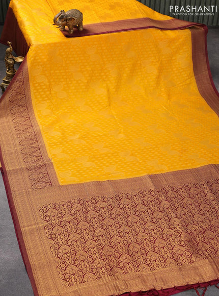 Banarasi semi crepe silk saree mango yellow and wine shade with allover zari woven paisley butta weaves and long zari woven border - {{ collection.title }} by Prashanti Sarees