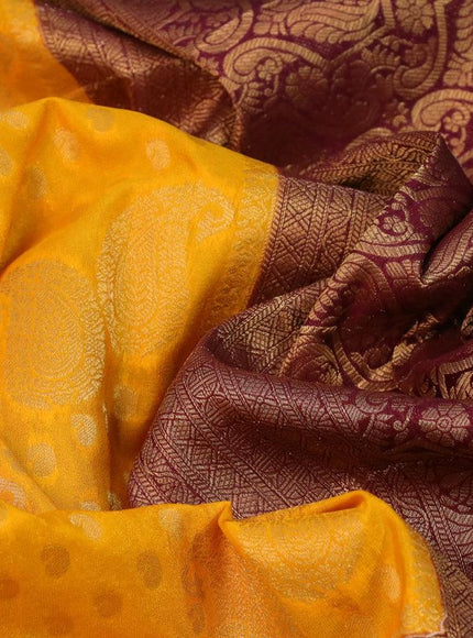 Banarasi semi crepe silk saree mango yellow and wine shade with allover zari woven paisley butta weaves and long zari woven border - {{ collection.title }} by Prashanti Sarees