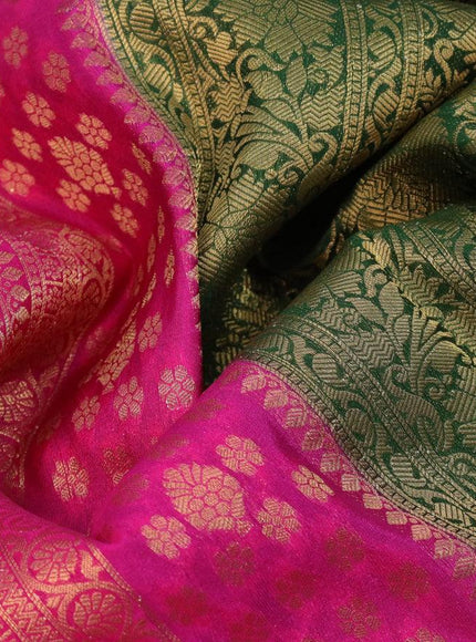 Banarasi semi crepe silk saree pink and green with allover zari weaves and zari woven border - {{ collection.title }} by Prashanti Sarees