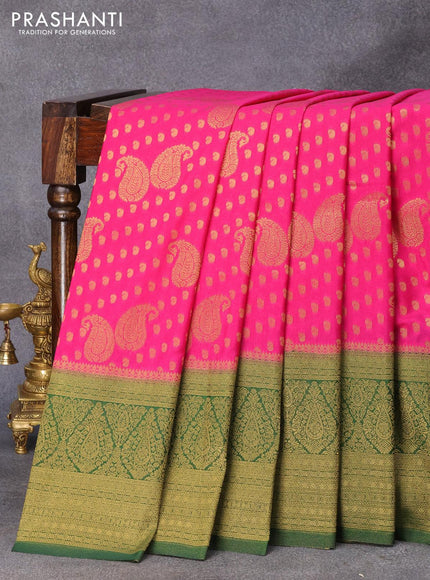 Banarasi semi crepe silk saree pink and green with allover zari woven paisley butta weaves and long zari woven border - {{ collection.title }} by Prashanti Sarees