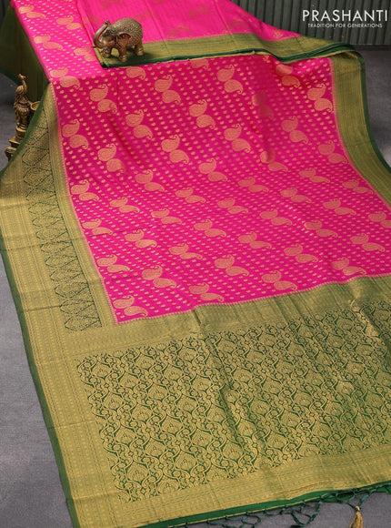 Banarasi semi crepe silk saree pink and green with allover zari woven paisley butta weaves and long zari woven border - {{ collection.title }} by Prashanti Sarees