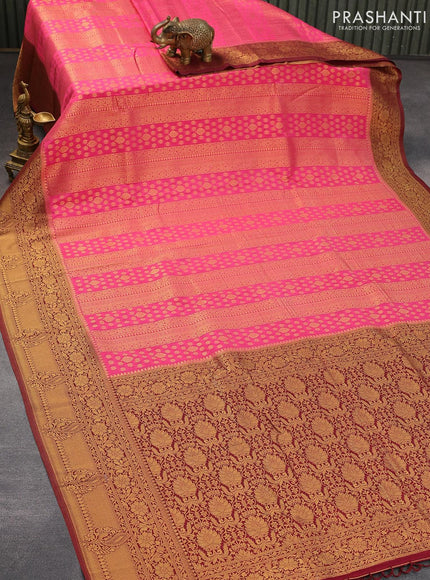 Banarasi semi crepe silk saree pink and maroon with allover zari weaves and zari woven border - {{ collection.title }} by Prashanti Sarees