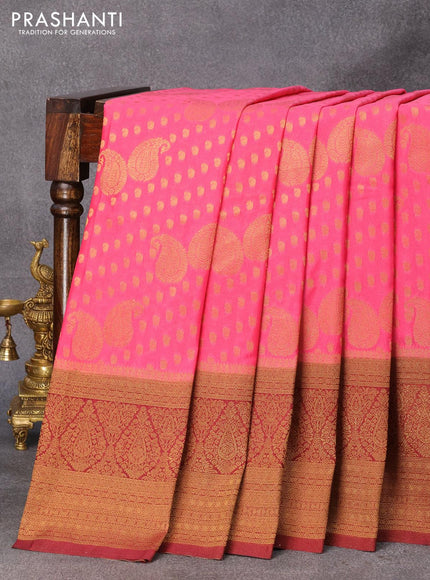 Banarasi semi crepe silk saree pink and maroon with allover zari woven paisley butta weaves and long zari woven border - {{ collection.title }} by Prashanti Sarees