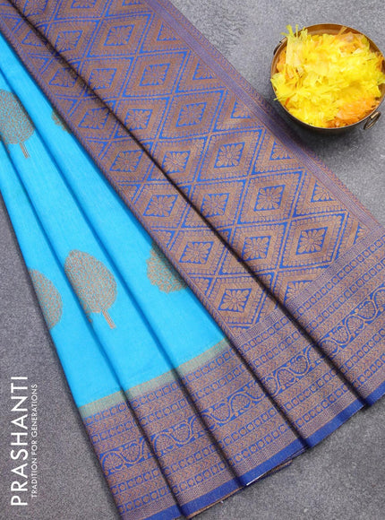 Banarasi semi dupion saree cs blue and blue with allover thread & zari woven buttas and zari woven border - {{ collection.title }} by Prashanti Sarees