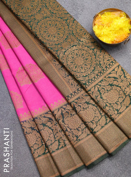 Banarasi semi dupion saree pink and bottle green with allover thread & zari woven buttas and long zari woven border - {{ collection.title }} by Prashanti Sarees