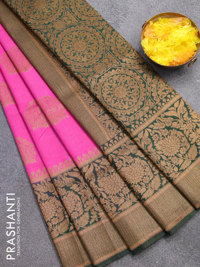 Banarasi semi dupion saree pink and bottle green with allover thread & zari woven buttas and long zari woven border - {{ collection.title }} by Prashanti Sarees