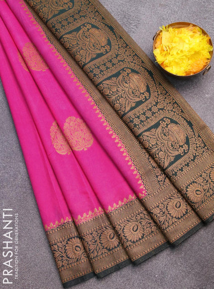 Banarasi semi dupion saree pink and bottle green with thread & zari woven buttas and zari woven border - {{ collection.title }} by Prashanti Sarees