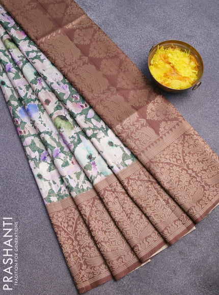 Banarasi softy silk saree dark green with allover zari weaves & floral digital prints and long zari woven border - {{ collection.title }} by Prashanti Sarees