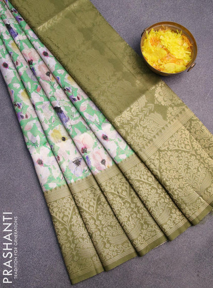 Banarasi softy silk saree green and mehendi green with allover zari weaves & floral digital prints and long zari woven border - {{ collection.title }} by Prashanti Sarees