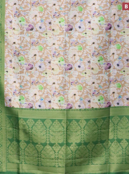 Banarasi softy silk saree pastel brown and green with allover zari weaves & floral digital prints and long zari woven border - {{ collection.title }} by Prashanti Sarees