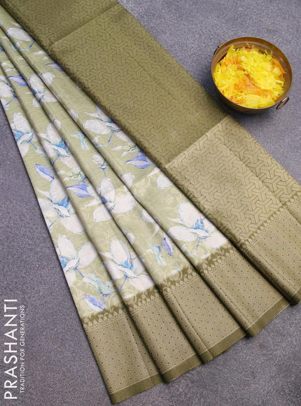 Banarasi softy silk saree pastel green and mehendi green with allover zari weaves & floral digital prints and zari woven border - {{ collection.title }} by Prashanti Sarees