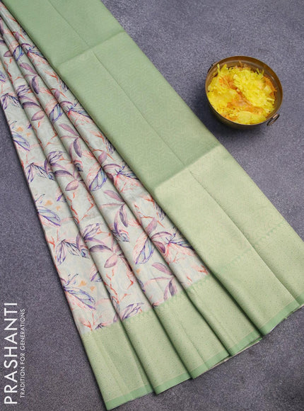 Banarasi softy silk saree pastel green shade and green with allover zari weaves & floral digital prints and zari woven border - {{ collection.title }} by Prashanti Sarees