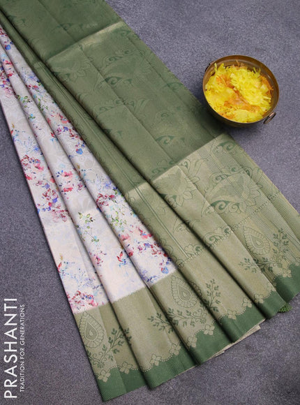 Banarasi softy silk saree pastel grey and dark green with allover zari weaves & floral digital prints and zari woven border - {{ collection.title }} by Prashanti Sarees