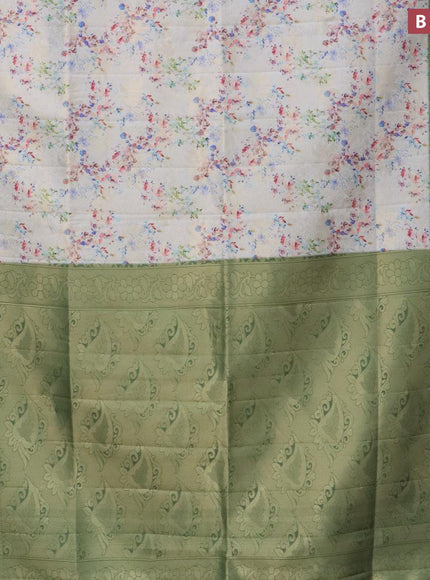 Banarasi softy silk saree pastel grey and dark green with allover zari weaves & floral digital prints and zari woven border - {{ collection.title }} by Prashanti Sarees