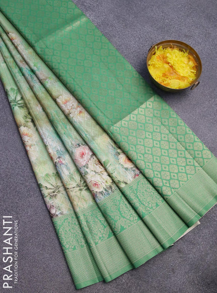 Banarasi softy silk saree teal green shade and green with allover zari weaves & floral digital prints and long zari woven border - {{ collection.title }} by Prashanti Sarees