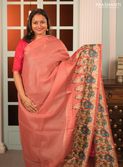 Banarasi tissue organza saree maroon shade with plain body and kalamkari printed border - {{ collection.title }} by Prashanti Sarees