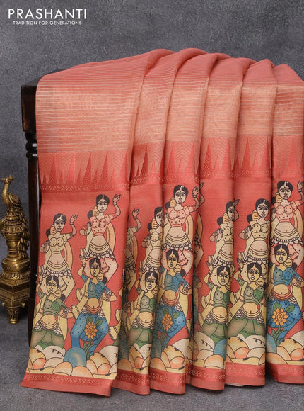 Banarasi tissue organza saree maroon shade with plain body and kalamkari printed border - {{ collection.title }} by Prashanti Sarees