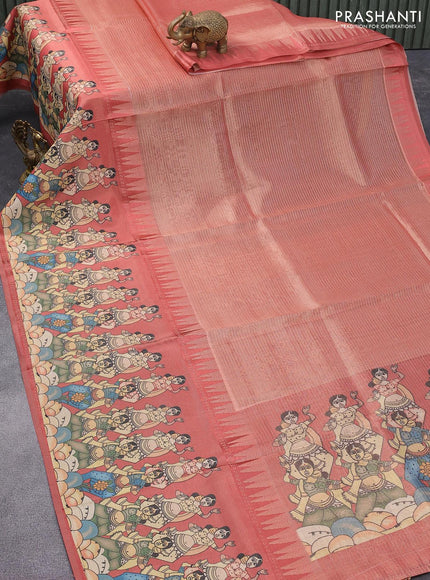 Banarasi tissue organza saree maroon shade with plain body and kalamkari printed border - {{ collection.title }} by Prashanti Sarees