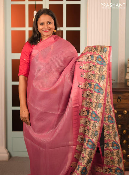 Banarasi tissue organza saree pink with plain body and kalamkari printed border - {{ collection.title }} by Prashanti Sarees