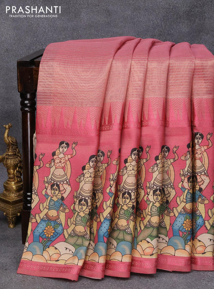 Banarasi tissue organza saree pink with plain body and kalamkari printed border - {{ collection.title }} by Prashanti Sarees