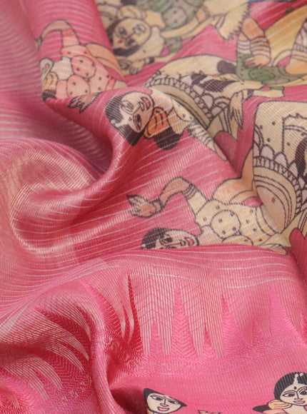 Banarasi tissue organza saree pink with plain body and kalamkari printed border - {{ collection.title }} by Prashanti Sarees