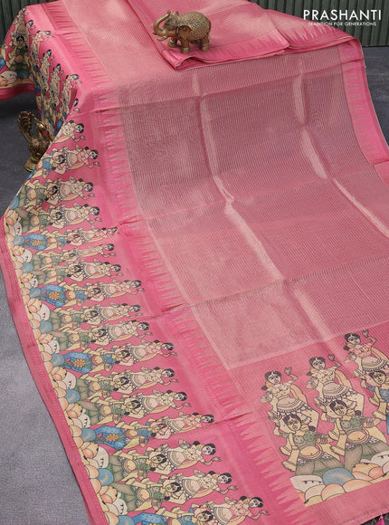 Banarasi tissue organza saree pink with plain body and kalamkari printed border - {{ collection.title }} by Prashanti Sarees