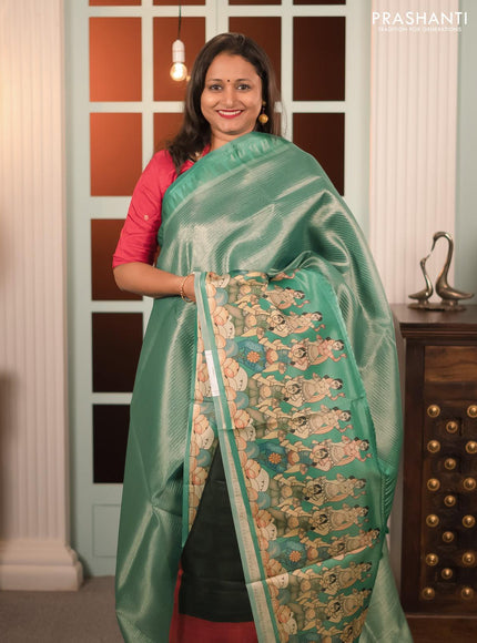 Banarasi tissue organza saree teal green with plain body and kalamkari printed border - {{ collection.title }} by Prashanti Sarees