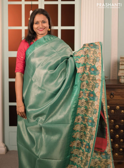 Banarasi tissue organza saree teal green with plain body and kalamkari printed border - {{ collection.title }} by Prashanti Sarees