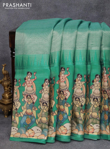 Banarasi tissue organza saree teal green with plain body and kalamkari printed border - {{ collection.title }} by Prashanti Sarees